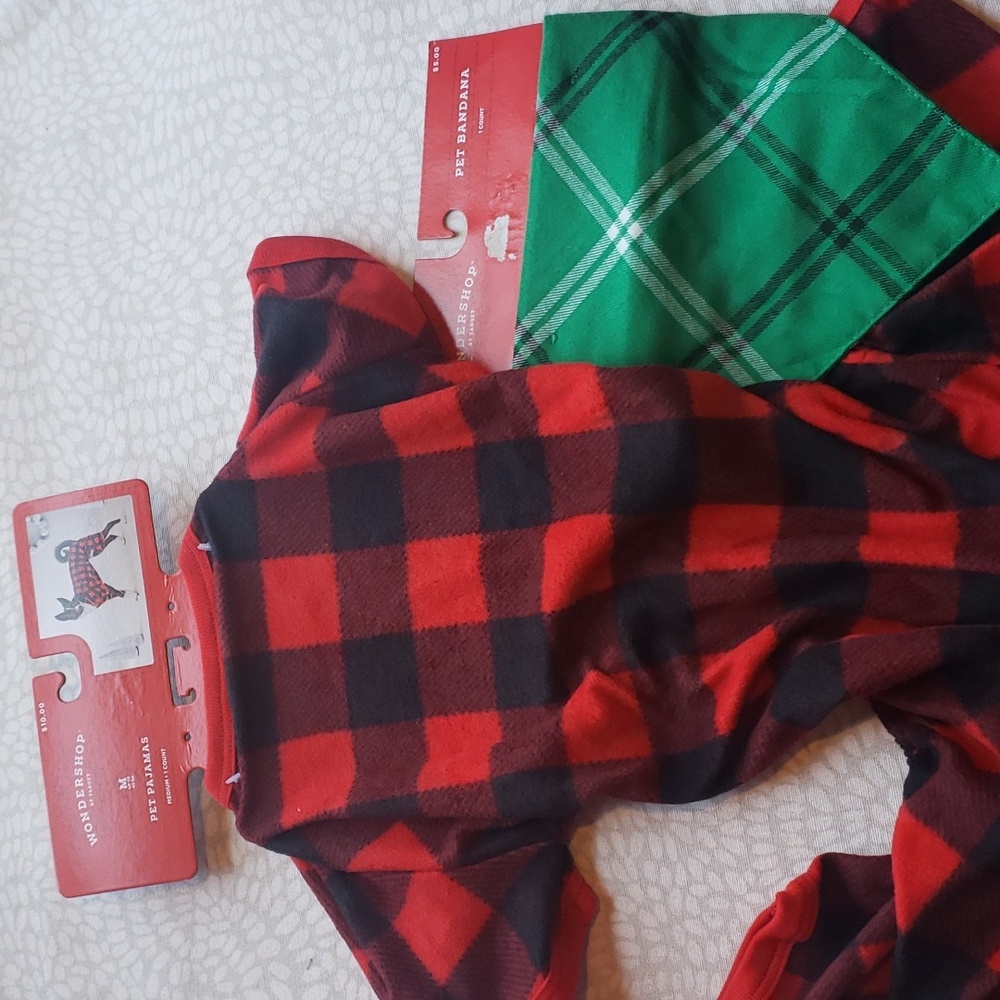 Buffalo Check Plaid Pet Pajamas AND Green Bandana - New